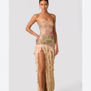 Oh Polly Diletta Embellished Ruffle trim strapless gown in rose Hotfix